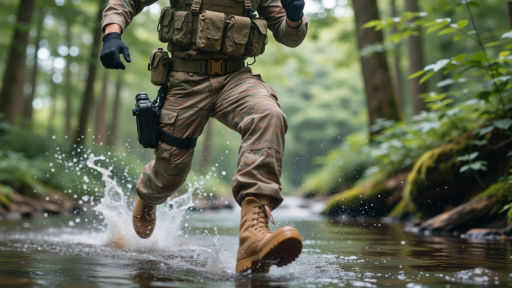 身穿迷彩作战服的士兵在泥泞潮湿的热带雨林环境中进行战术训练,雨水打在头盔和肩膀上,暗绿色调,硬朗光影,军事纪实风格