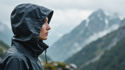 穿着鲜艳冲锋衣的徒步者在崎岖山路上行走,背着登山包,背景是云雾缭绕的山峰和松树林,雨天环境,写实摄影风格